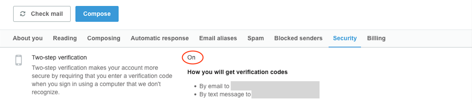 Hushmail's Two-Step Verification Enabled