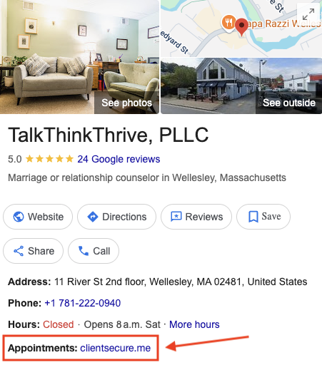 Appointments button on Google Business Profile