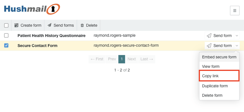 "Copy link" option in Hushmail form list