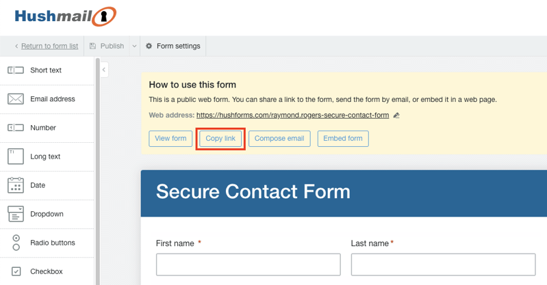 "Copy link' option from the form view