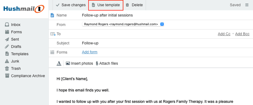 Use template button in editing screen