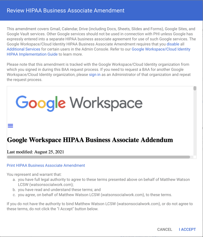 Google HIPAA BAA