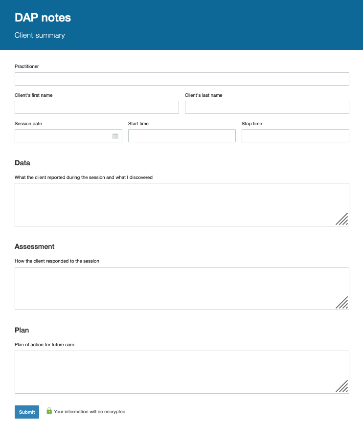 Create forms for SOAP, DAP, and process notes in Hush™ Secure Forms