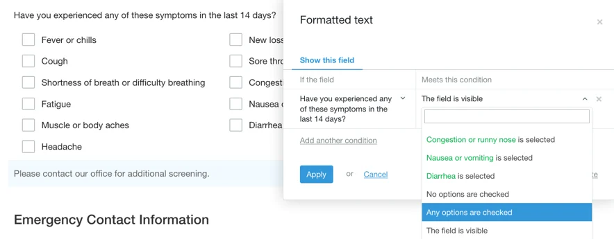 Symptom condition any option