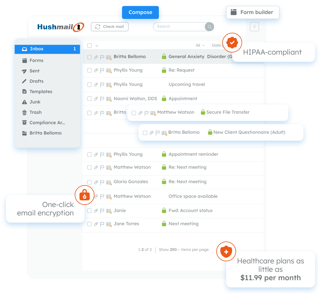 Hushmail secure email inbox for healthcare practices
